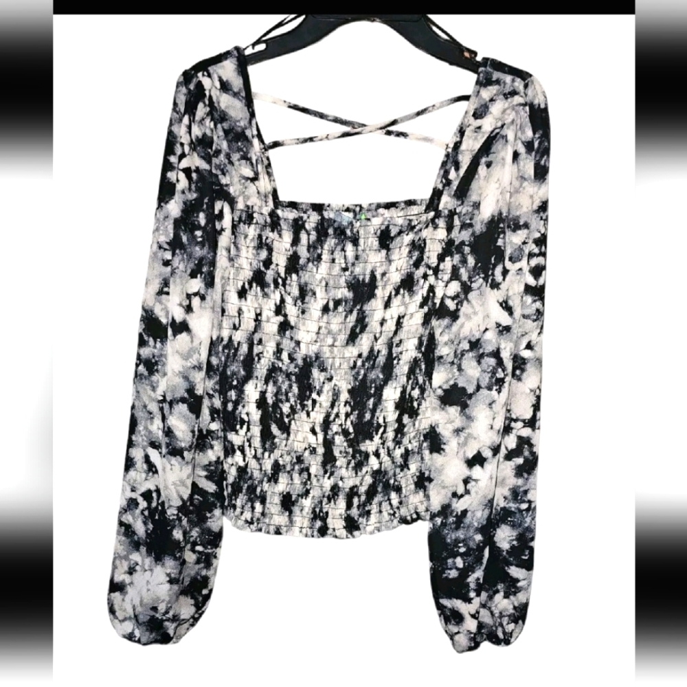Good Luck Gem Square Neck Balloon Sleeve Criss Cross  Tie Dye Blouse Nwt sz S